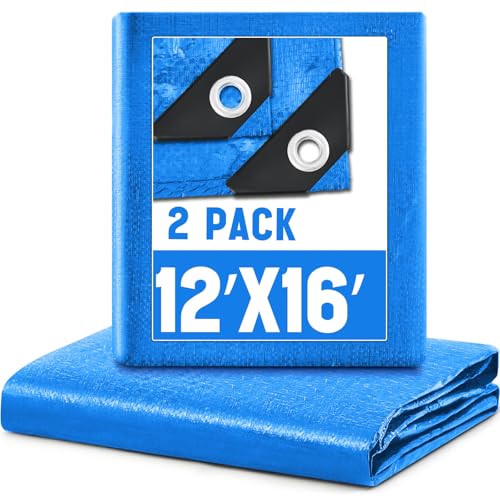 Image of 2 Pack 12 x 16 ft 5.5 Mil Large Tarps Heavy Duty Waterproof Tarp Multi Purpose Tent Cover for Home Boats Cars Camping Patio Furniture Roof Emergency Rain Protective Cover, Blue