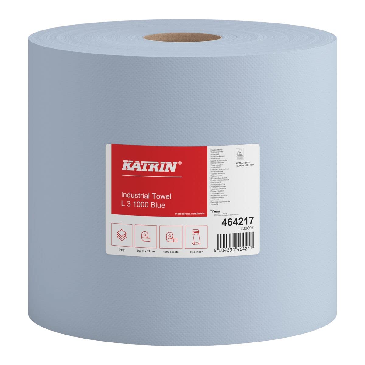 Putztuchrolle Katrin L3 blau, 3-lagig, 22x38 cm, perforiert, 1000 Abrisse, 2 Rollen im Folienpack #464217