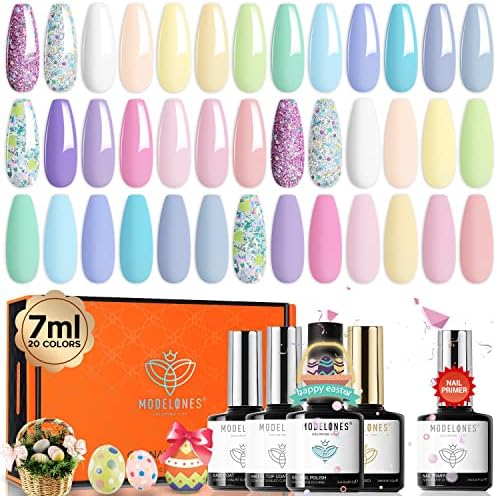 Modelones 24Pcs Pastel Gel Nail Polish Kit, Spring 20 Colors 7ML Glitters Gel Polish Set with Glossy & Matte Top Base Coat and Bond Primer, Macarons Girly Collection Nails Art Manicure Home DIY Gifts for Women Easter St. Patrick's Day