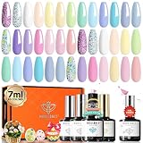 Modelones 24Pcs Pastel Gel Nail Polish Kit, Spring 20 Colors 7ML Glitters Gel Polish Set with Glossy