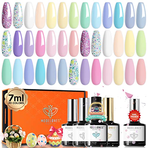 Modelones 24Pcs Pastel Gel Nail Polish Kit, Spring 20 Colors 7Ml Glitters Gel Polish Set With Glossy & Matte Top Base Coat And Bond Primer, Macarons Girly Collection Nails Art Manicure Home Diy Gifts For Women Easter St. Patrick's Day #TOP28