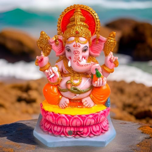 Image of Lotus Seated Ganesh Idol | Ganesh Sitting on Lotus Flower Murti | Divine Ganpati Murti for Home Mandir & Office Decor | Ganpati Murti for Puja & Gifting (Marble,15 CM)