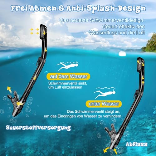 MILFECH Schnorchelset Erwachsene, SchnorchelnSet mit Taucherbrille und Trocken Schnorchel,Anti-Fog Anti-Leck Schnorchelmaske aus Gehärtetem Glas,für TauchenSchnorcheln Schwimmen,DrySchnorchel(Schwarz)