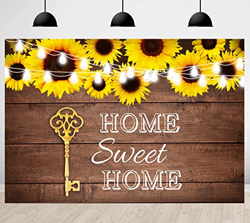 Housewarming Backdrop Home Sweet Home Rustic Wood Sunflower Photography Background Retro Wooden Floor Key Bridal Shower Wedding Cake Table Supplies Banner 5x3ft