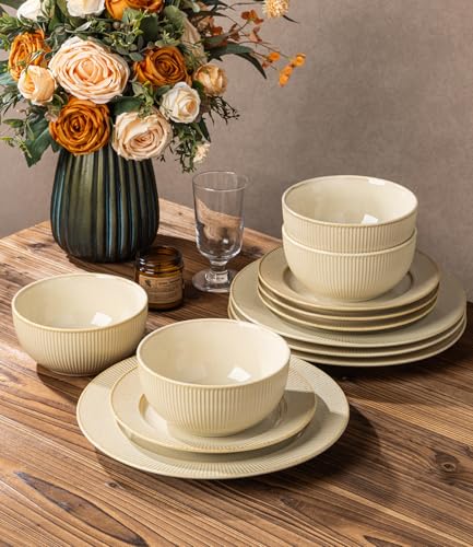 Image of TheTerra Ceramic Dinnerware Sets for 4, 12 Pieces Porcelain Lightweight Plates and Bowls Sets, Scratch Resistant Dish Set, Oven, Microwave & Dishwasher Safe, Cream Latte