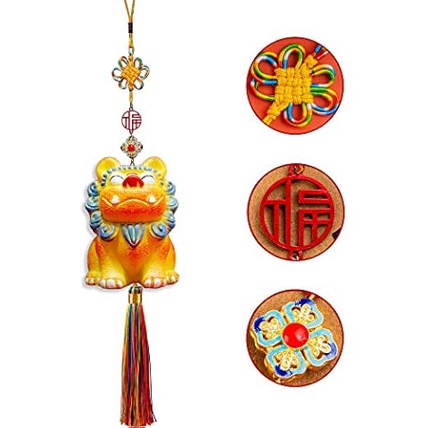 ETIUC Handmade Dance Lion Hanging Ornaments Chinese Knot Car Decoration Chinese Lion Dance Ornament Car Rear View Mirror Pendant Lucky Lion Chinese New Year Gifts Cover