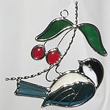 Hanging Chickadee Stained Glass Suncatcher Without Ornament Stand