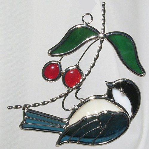 Hanging Chickadee Stained Glass Suncatcher WITHOUT Ornament Stand