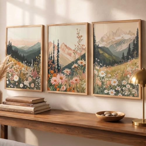 Image of kotart Big Aesthetic Mountains View Wall Art Paintings | Flowers Landscape Framed Painting | Vastu Frames for Living Room Bedroom Wall Decor Set Of 3 (14x20 Inch)