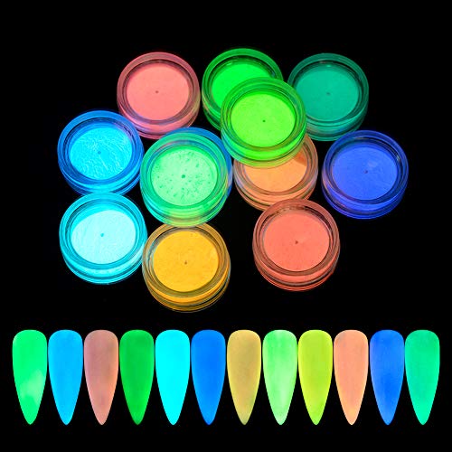 QIMEIYA 12 colores Polvo fluorescente brillo Pigmento para decoración de uñas Brilla en la Oscuridad