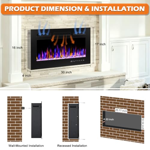 Image of 30 inch Electric Fireplace Wall Mounted and Recessed 750 /1500w W /Remote Control