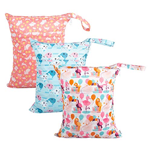Image of babygoal Wet Dry Bags for Baby Cloth Diapers, Washable Travel Bags, Beach, Pool, Gym Bag for Swimsuits & Wet Clothes with Two Zippered Pockets 3 Pack, 3LN13