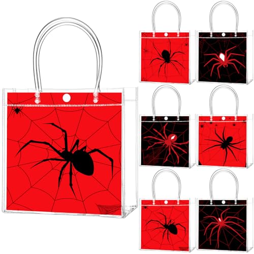 Image of Teenyyou 24 Pcs Spider Party Favor Bags Bulk Spider Web Clear PVC Goodie Reusable Transparent Treat Snack Cookie Candy Bags with Handles for Birthday Party Supplies