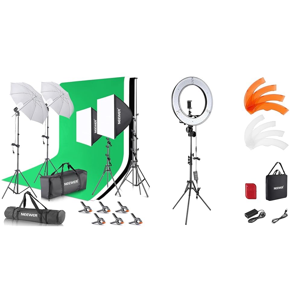 NEEWER Fotostudio Set mit Hintergrund Fotografie & Ringlicht mit Stativ Set: 18 Zoll/45cm Außen 55W 5600K Dimmbare LED Ringleuchte