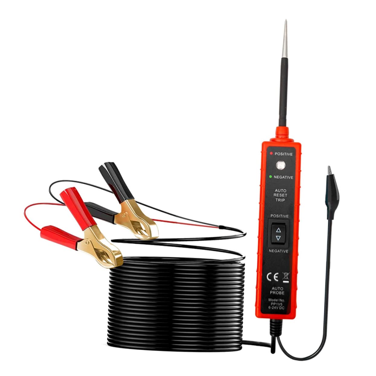 Comprobador de Circuitos Automotriz 6-24v Dc, Clips, Cable 16ft | ABS, Rojo y Negro, Conductividad, Diagnóstico, Enchufes, Sistema Eléctrico, 8A, Bornes Positivo y Negativo