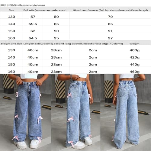 Girls Bow Wide Leg Baggy Denim Pants,Teen Casual Cute Wide Leg Jeans,Kids High Waisted Washed Jean Straight Leg Trouser (US, Alpha, Medium, Regular, Medium Blue)2
