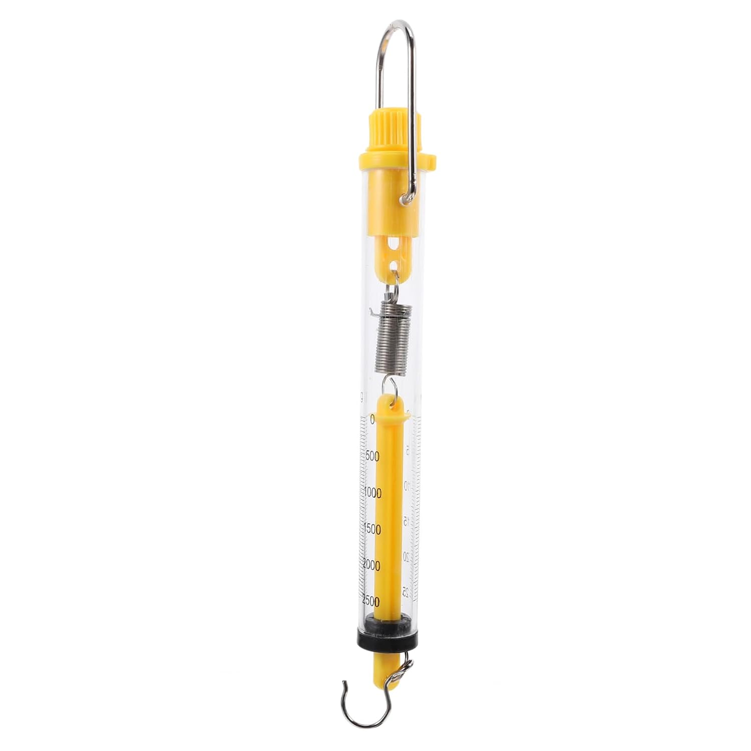 Plastic Spring Scale 25N 2500g 2Pcs with Hook for Classroom Physics | Yellow Cylinder Gauge, Corrosion Resistant Markings, Measures in Grams and Includes Hanging Ring Hook