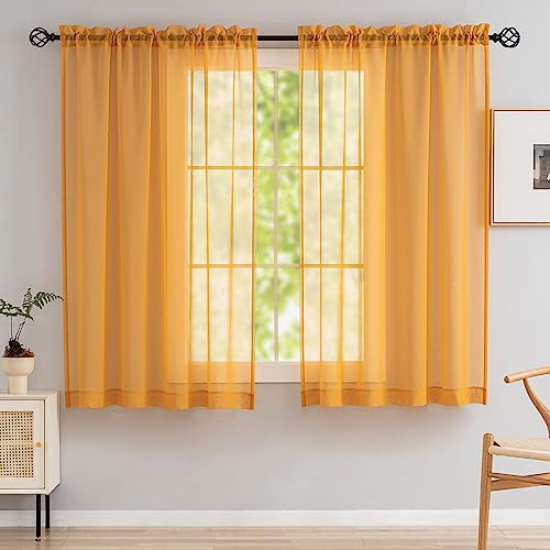 Image of Sheer Curtains 45 Inch Length for Living Room Bedroom, Rod Pocket Polyester Semi Sheer Privacy Drapes, Window Treatments Semi Crinkle Curtain Panels for Kitchen Doorway Divider, Yellow, 52 inch Wx 45 inchL