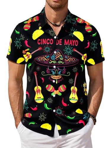 Cinco De Mayo Camicie da uomo Mexico Button Down Camicia hawaiana tropicale t-shirt estiva a maniche corte vestito, nero, M Cinco De Mayo Camicie da uomo Mexico Button Down Camicia hawaiana tropicale t-shirt estiva a maniche corte vestito, nero, M