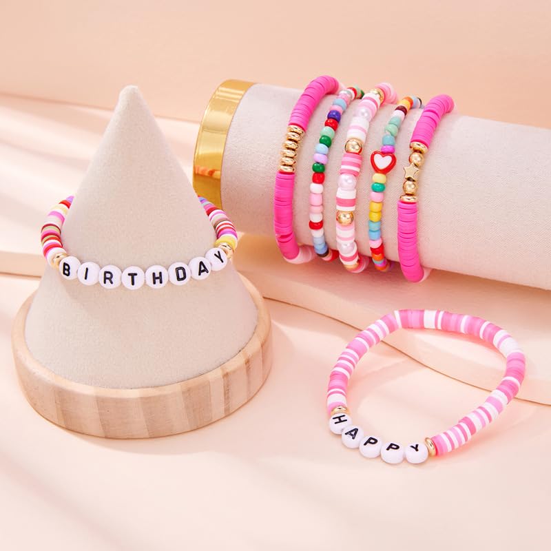 Colorful Happy Birthday Surfer Heishi Clay Friendship Stackable Bracelets Bohemian Multilayer Rainbow Birthday Cake Flower Gold Beads Preppy Stretch Bracelet for Women Party Celebration Jewelry4