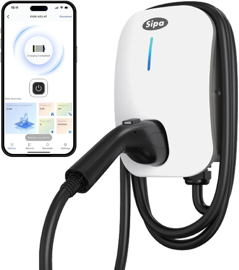 SIPA Level 2 EV Charger, 208-240V, 11.5kw, 48A, J1772 Connector, Fast Charging for All EVs, Indoor/Outdoor, Smart App Control, 25-Foot Cable – Durable, Easy Installation (Silver Gray)