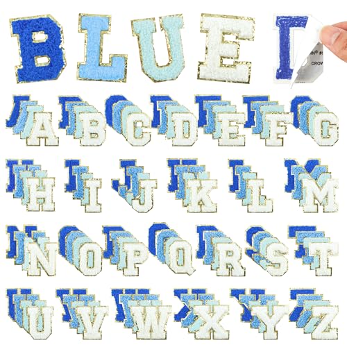 Self Adhesive Chenille Letters Patches 104PCS Blue Stick on Letter Patches Varsity Initial Patch Stickers for Clothes Bag Backpacks Hats Jackets DIY Crafts