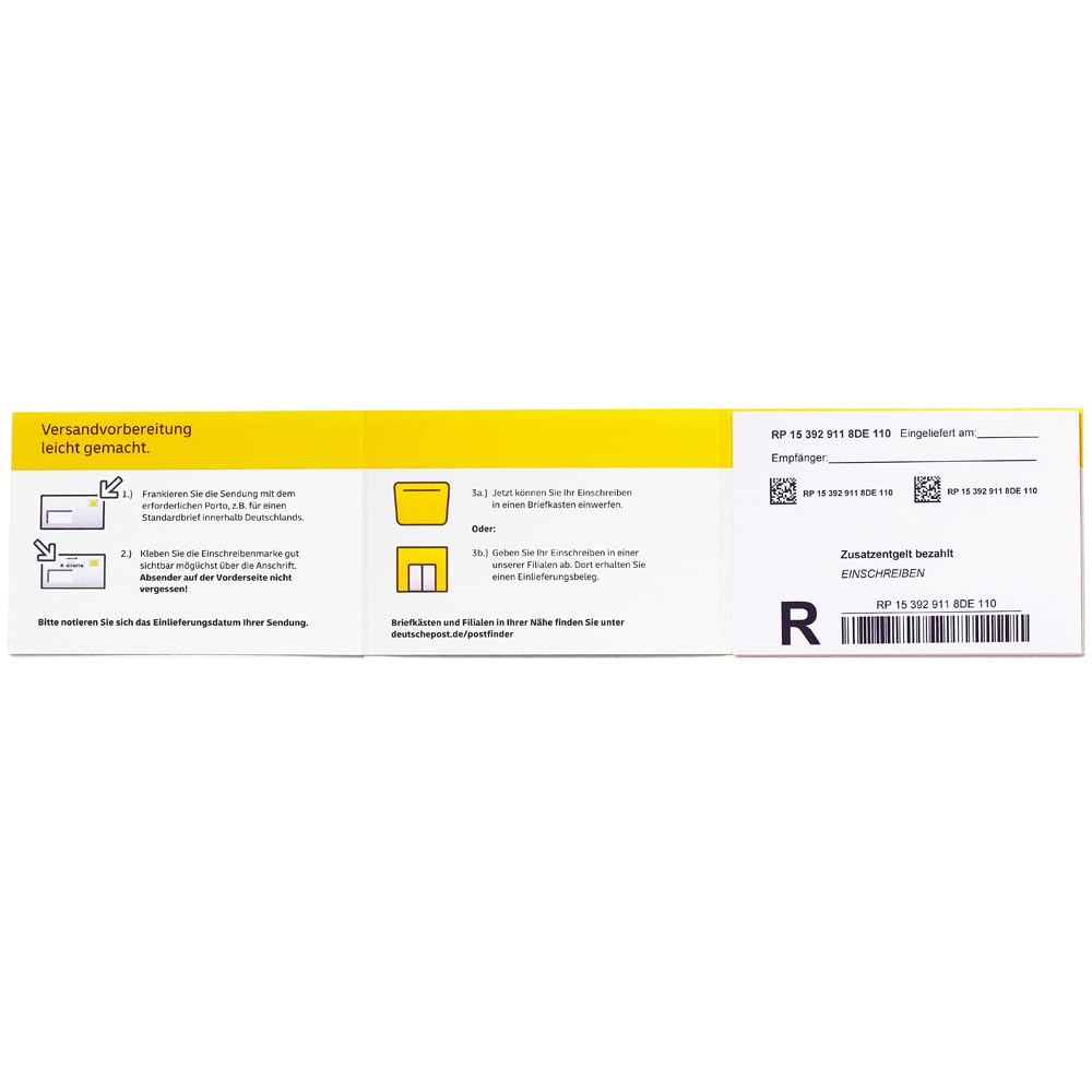 10 Stück selbstklebende Post Einschreiben-Briefmarken Einschreiben-Marken Porto Etiketten Label Aufkleber mit Barcode im Block | Versicherung bis 25 EUR | Zustellung nur gegen Unterschrift