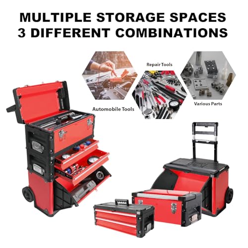 Image of Stackable Rolling Tool Box Portable Metal Toolbox Organizer with Wheels and 2 Drawers Separate Rolling Upright Trolley Tool Chest for Garage or Workshop, Red