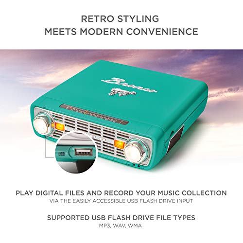 ION Audio Bronco LP-Vintage Turntable/Vinyl Record Player with Speakers, AM/FM Radio, USB and Aux inputs – Classic-Styled Teal Finish - Thumbnail 4