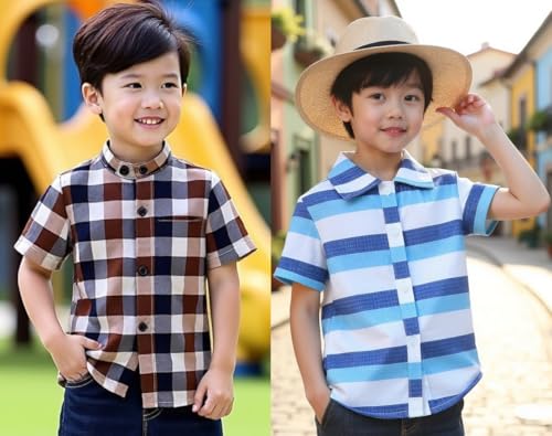 Image of Boys Short Sleeve Button Down Shirts, Plaid and Striped Pattern, Cotton Casual Tops, Pack of 2