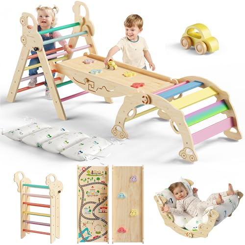 Bimomiki Pikler Triangle Climbing Set with Cushion, Foldable Climbing Toys Indoor, Montessori Toddler Gym, 10-in-1 Climber & Playground, Gift for Christmas, Birthday, New Year (Rainbow Valley) Bimomiki Pikler Triangle Climbing Set with Cushion, Foldable Climbing Toys Indoor, Montessori Toddler Gym, 10-in-1 Climber & Playground, Gift for Christmas, Birthday, New Year (Rainbow Valley)