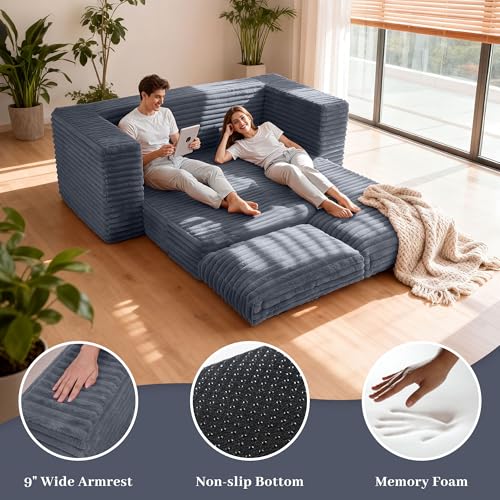 Image of HABUTWAY 62 inch Small Boneless Couch,3-in-1 Convertible Folding Sofa Bed, Corduroy Loveseat Sofa Bed w /2 Pillows for Living Room /Guest Room No Assembly Required, Dark Grey