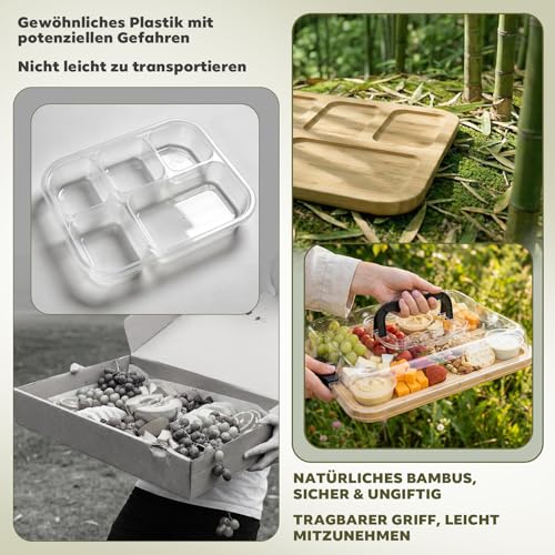 Ribech Bambus Käseplatte Charcuterie Board mit Deckel – Tragbares Käsebrett mit 6 Fächern, Holzbrett mit Käseglocke aus PET, Servierplatte für Käse, Wurst & Snacks – Ideal für Picknick, Reise & Brunch