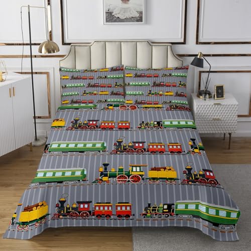 Kids Train Quilts Set,Cartoon Retro Steam Engine 3Pcs Bedspread Bedding Set,Colorful Cartoon Car Lover Bed Cover Set,Train Construction Bedspread Coverlet with 2 Pillowshams (Queen Size)