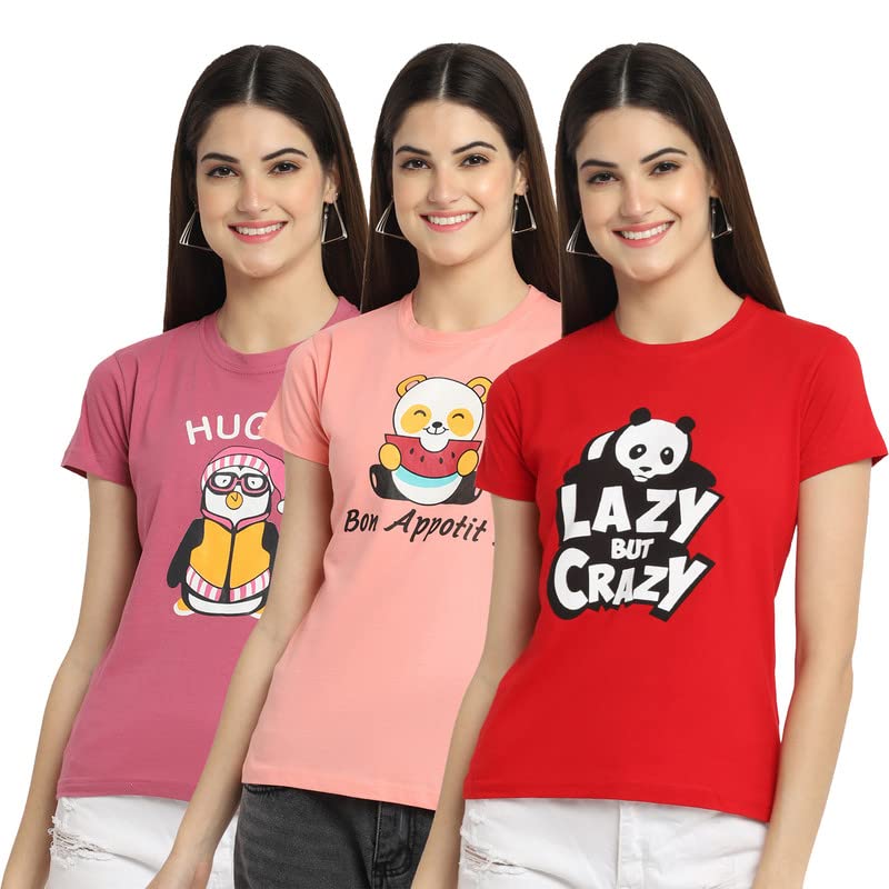 Image of Preneum Women's Cotton Regular Fit Graphic Stylish Printed Short Sleeves Casual T-Shirt || Trend Styles & Style (Pack 3)