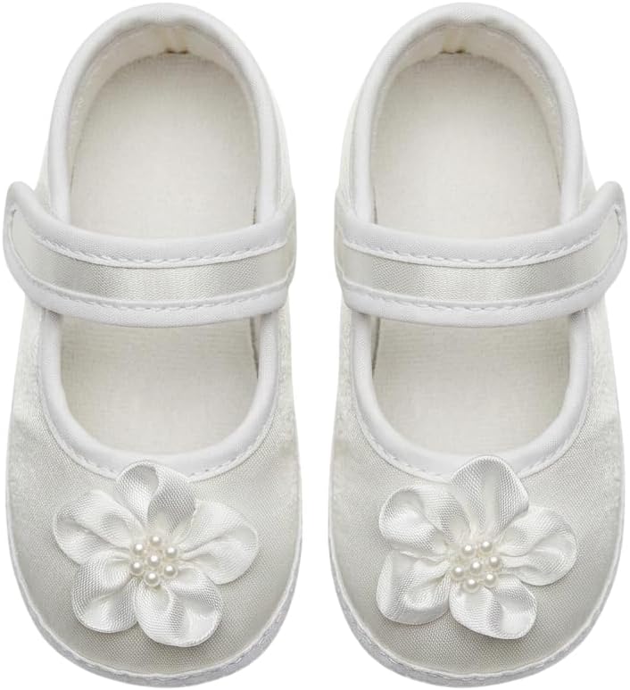 SIRRI Baby Girls Satin Pram Shoes Flower Touch Fastening Christening Pre-Walker Shoes