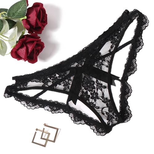 Avidlove Black Lace Panties for Women Naughty Sexy Thong Underwear with Cute Bow Back Hollow Out Low Rise Panty