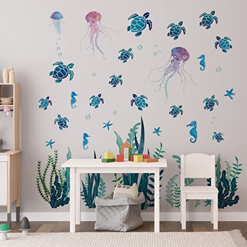 Blmhtwo 2 Pieces Sea Turtle Wall Decal, Under The Sea Wall Decals Bathroom Wall Decals Sea Turtle Wall Sticker Sea Grass Sea Turtle Seahorse Starfish For Bathroom Living Room Bedroom #TOP6