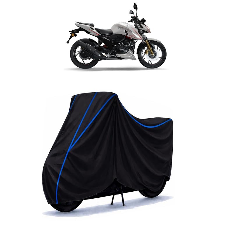Image of TVS Apache RTR 200 4V Bike Cover Water Resistant Universal Motorcycle Rain | Heavy Duty UV Protection, Dust, Scratch Indoor Outdoor All Weather with Black Blue Piping Elastic