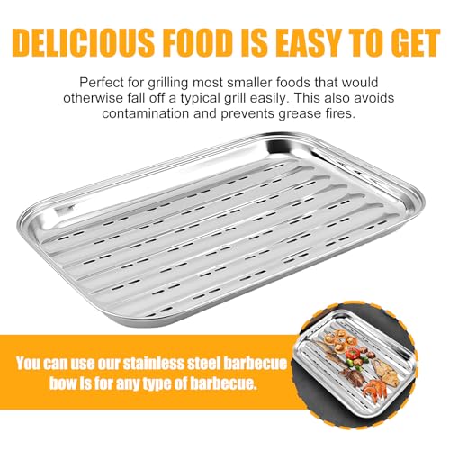 3 Stück BBQ Grillschalen Aus Edelstahl: 34,9 X 24,5 X 2,7cm Grillschale Wiederverwendbar, Wiederverwendbare Grillkorb Gemüsekorb, Grillzubehör für Gemüse, Fisch Oder Fleisch Grillpfanne