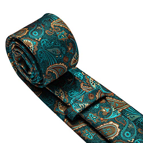 Barry.wang Mens Paisley Tie Silk Jacquard Green Turquoise Flower Wedding Fashion Necktie And Pocket Square Cufflinks Shamrock Day Formal Business #TOP5
