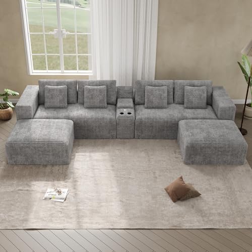 Image of 151 inch Oversized U Shaped Cloud Couches for Living Room, Fluffy Large Modular Sectional Sofa Set with Ottoman Chaise Comfy Corduroy Light Grey Boneless Couch with Cup Holder USB Port