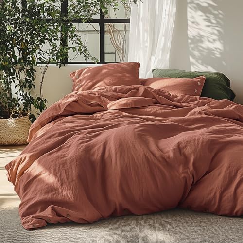 Bedsure Linen Duvet Cover King - Linen Cotton Blend Bedding Set, Soft & Cozy, 3 Pieces, 1 Duvet Cover 104x90 Inches and 2 Pillowcases, Burnt Orange Color Cooling Bedding, Comforter Sold Separately
