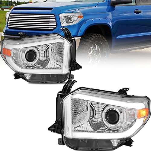 Mostplus Projector Headlight Assembly Compatible With Toyota Tundra 2014-2020 Front Lamp With Led Drl/Pre-Installed Hid H7 Bulb-Chrome Housing/Clear Lens/Amber Reflector #TOP22