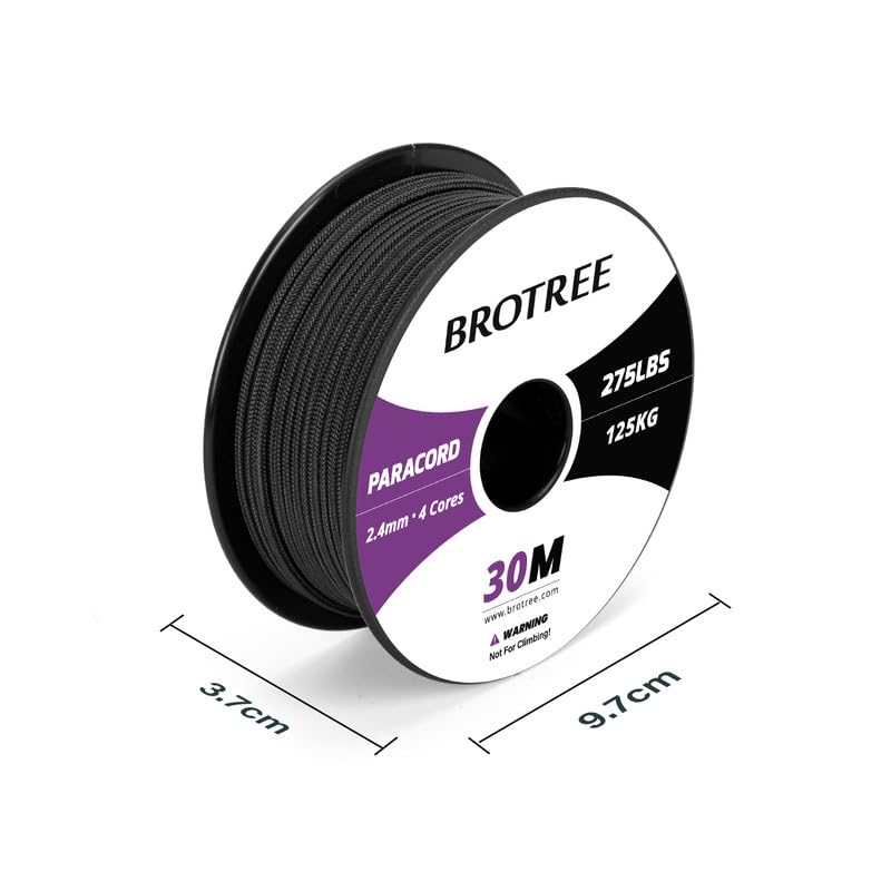 Brotree 275 Paracord 2.4mm Tactical Cord 30M Nylon Rope 4 Strands Parachute Cord for Outdoor Craft, DIY - 125kg Breaking Load (Black) - Image 2