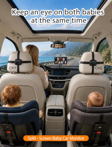 Image of Kidsneed Baby Car Camera for 2 Kids - 7 inch Split Screen Baby Monitor for Car | Dual backseat cameras with 150 wide view and 360 rotation. Clear night vision infant car seat mirror camera