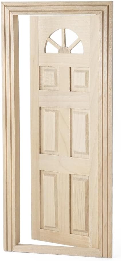 Odoria Dollhouse Front Door Miniature: 1/12 Scale Panel Doors for Elf Fairy Garden Outdoor - Mini Entry Gate Unfinished Wood Carved - Tiny Modern Furniture Building Model, Inswing