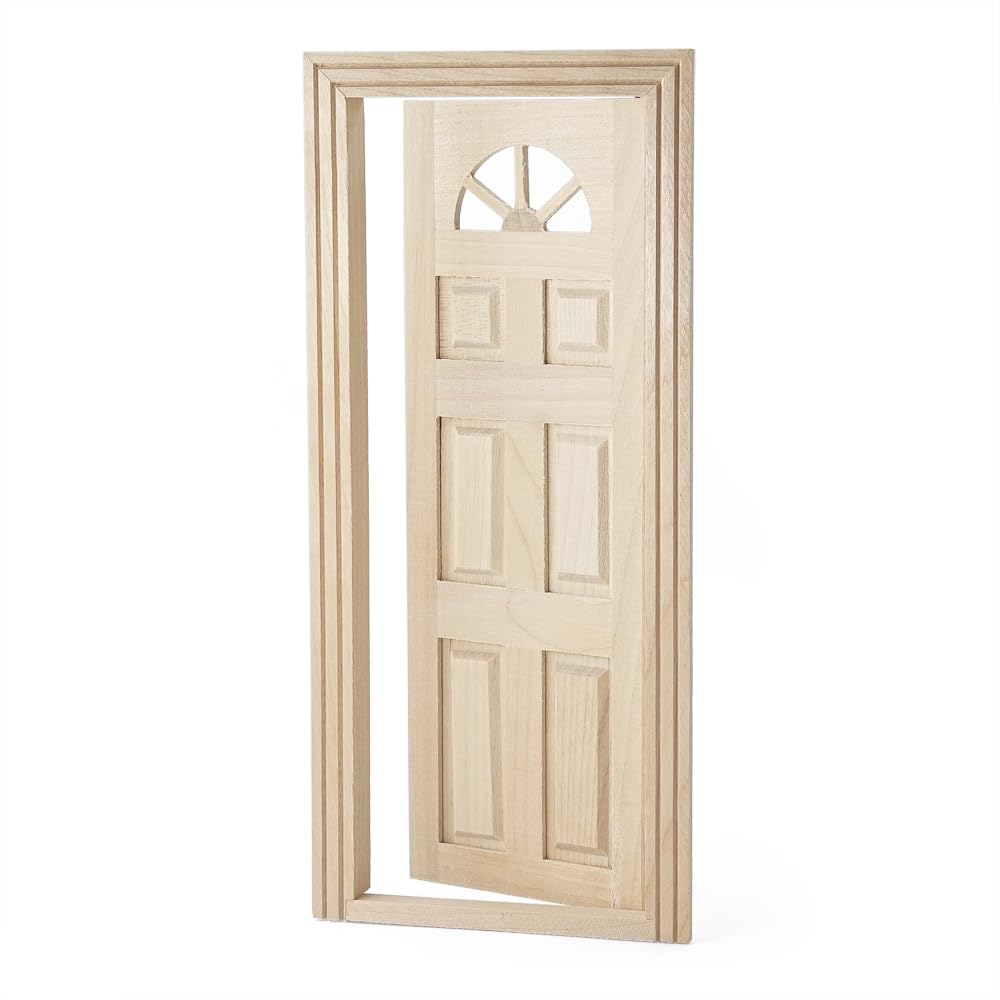 Odoria Dollhouse Front Door Miniature: 1/12 Scale Panel Doors for Elf Fairy Garden Outdoor - Mini Entry Gate Unfinished Wood Carved - Tiny Modern Furniture Building Model, Inswing
