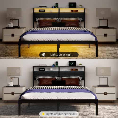 Image of J.Fkne Queen Bed Frame with LED Lights & Charging Station, Metal Platform Bed Frame with 2 Tier Storage Headboard, Under Bed Storage, No Box Spring Needed, Noise Free, Easy Assembly