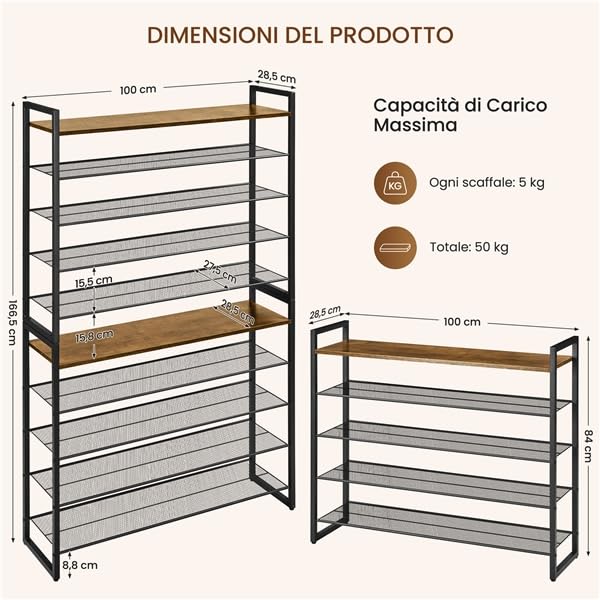 Yaheetech Scarpiera a 10 Livelli Grande Scaffale Portascarpe Impilabile Design 2-in-1 Fino a 50 Paia di Scarpe, Scaffale Versatile in Metallo per Ingresso Soggiorno Camera da Letto, 100x28,5x166,5 cm